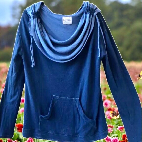 Gypsy Blue Tunic Top Long Sleeve Cowl Neck Pouch Pocket Made in Hollywood - Picture 12 of 12